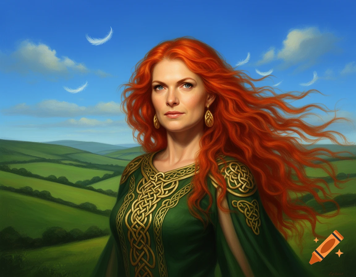 Digital painting of a woman with flowing red hair in a green dress with gold Celtic knots, standing in rolling green hills under a blue sky with white feathers.