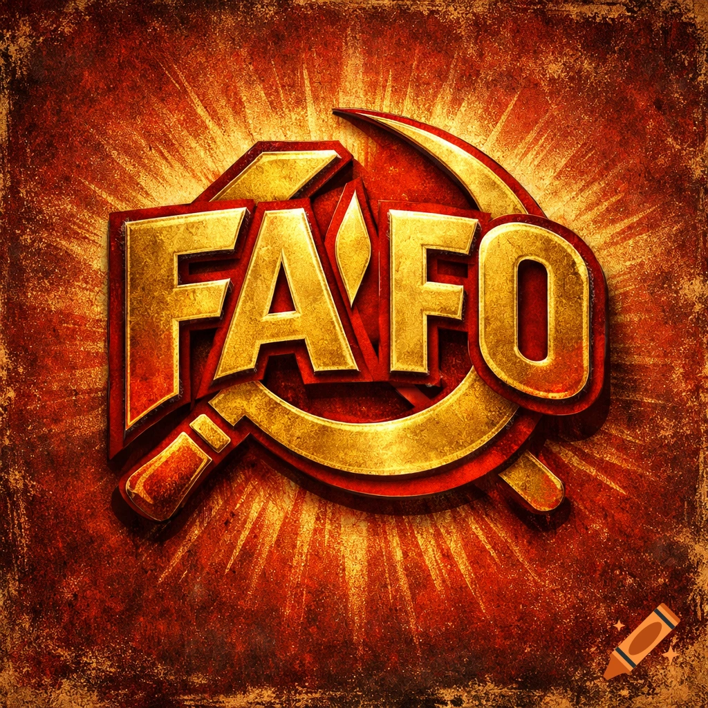 Grungy gold and red hammer and sickle logo with the letters 'FAFO' integrated, set against a distressed background with a sunburst.