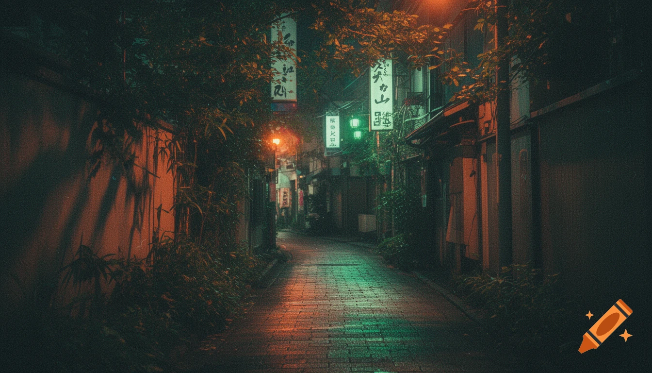 A dark, atmospheric Japanese alleyway at night with glowing orange and green lights on buildings, lush plants, and a grainy VHS style.
