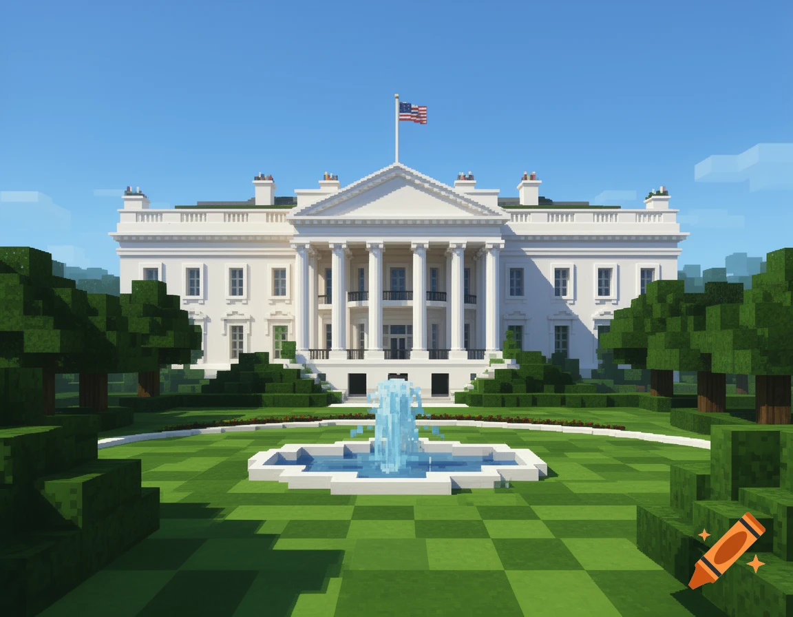 A Minecraft-style White House with a fountain and green lawn under a blue sky.