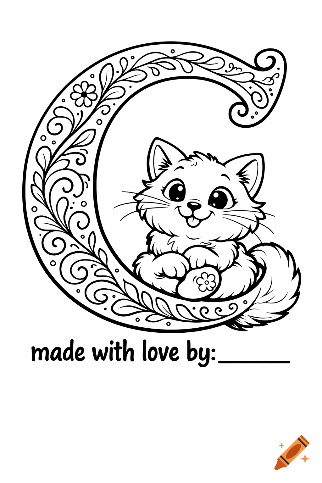 Black and white coloring page of a decorative letter C with a cute cartoon cat nestled inside, and 'made with love by:___' text.