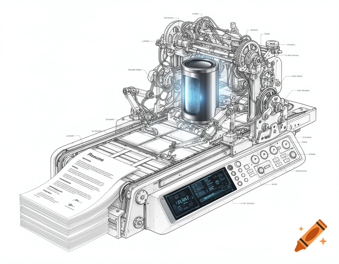 A detailed technical sketch of a complex AI machine printing resumes on a white background, with a glowing cylinder at its center.
