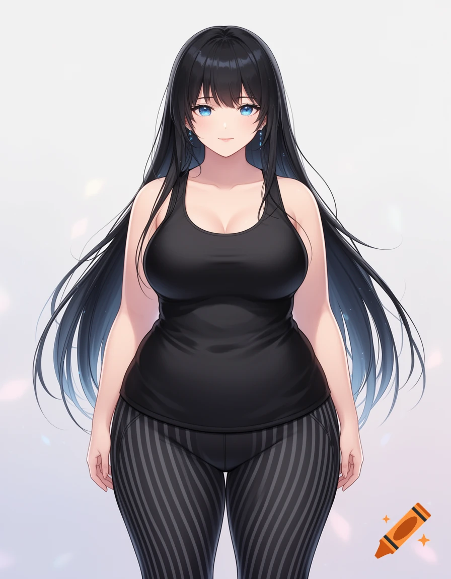 An anime woman with long black hair and blue eyes, wearing a black tank top and striped yoga pants.