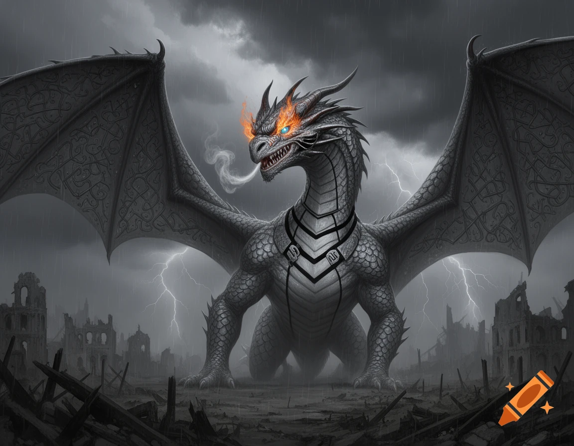 A grey dragon with glowing eyes exhales smoke, standing in a ruined city under a stormy, lightning sky.