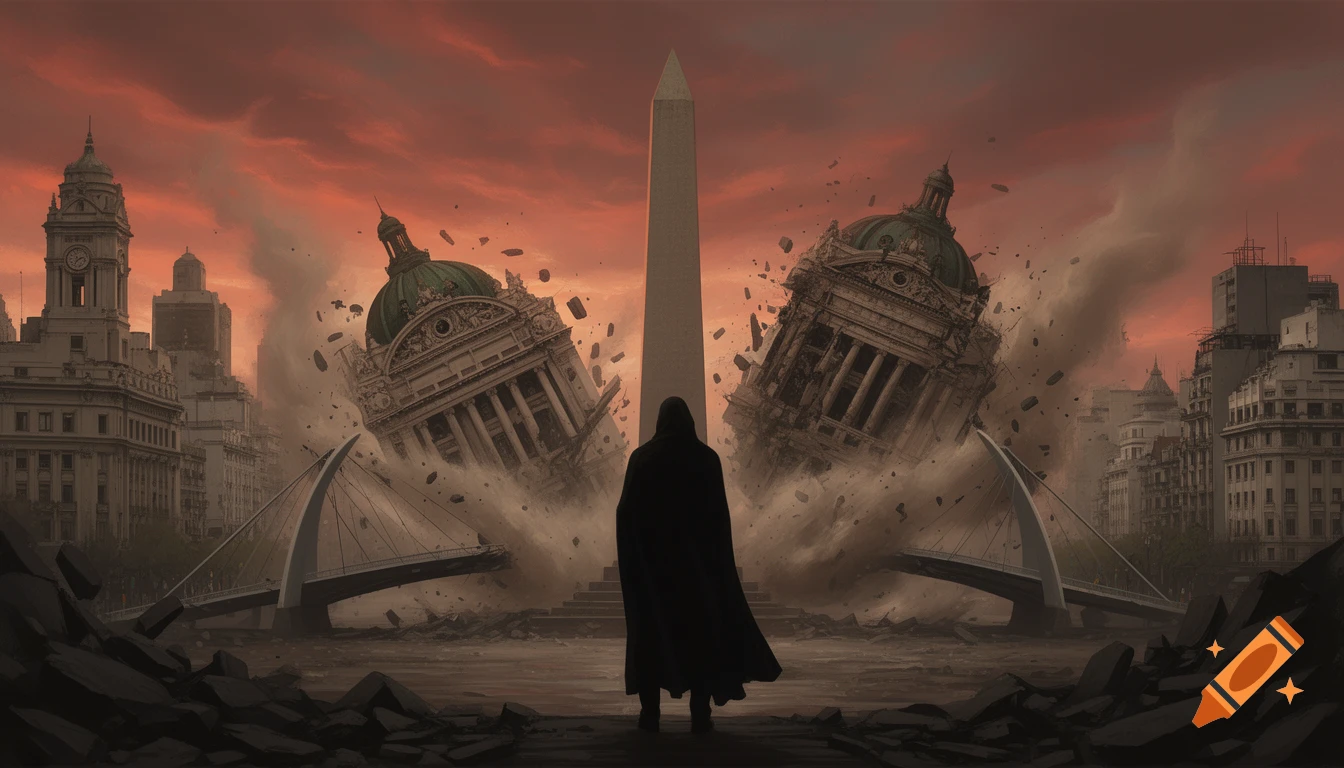 A dark, hooded figure stands before a city in ruins, with iconic buildings collapsing on either side of an obelisk under an ominous red sky.
