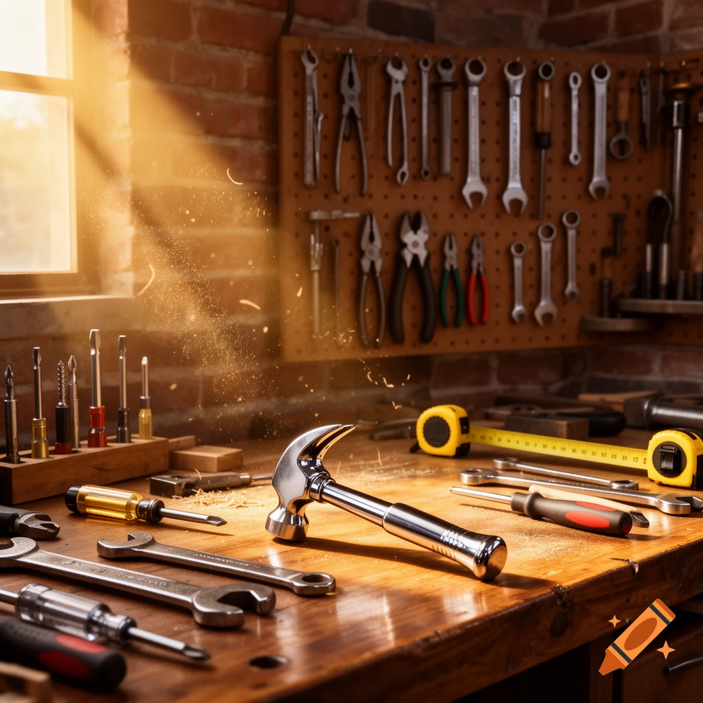 A well-lit workshop with a claw hammer, wrenches, screwdrivers, and a tape measure on a wooden workbench, with more tools on a pegboard.