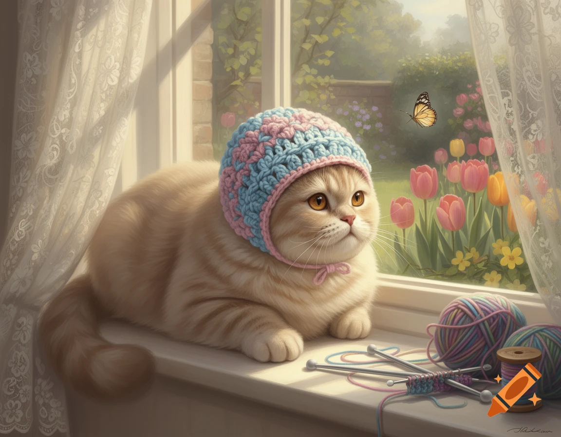 A fluffy cat in a pink and blue crochet hat sits on a sunlit window sill, looking at a garden with tulips and a butterfly, with knitting yarn nearby.