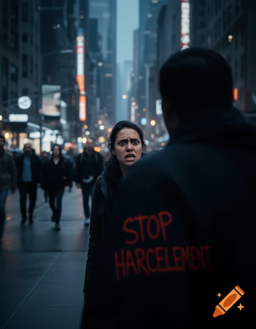 A distressed woman stares in a city street, looking at the back of a person wearing a hoodie with "STOP HARCELEMENT" in red text.