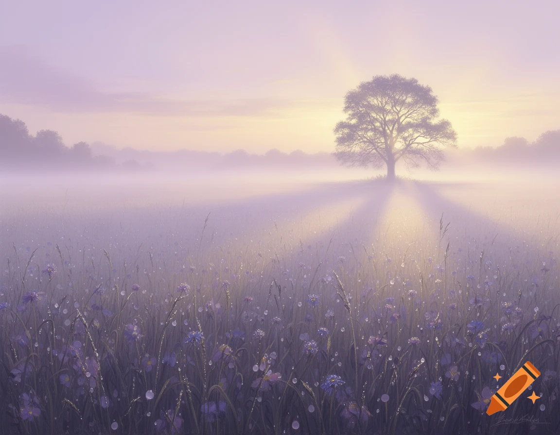 A serene misty field with purple flowers and dewdrops, a silhouetted tree at sunrise casting long shadows across the fog.