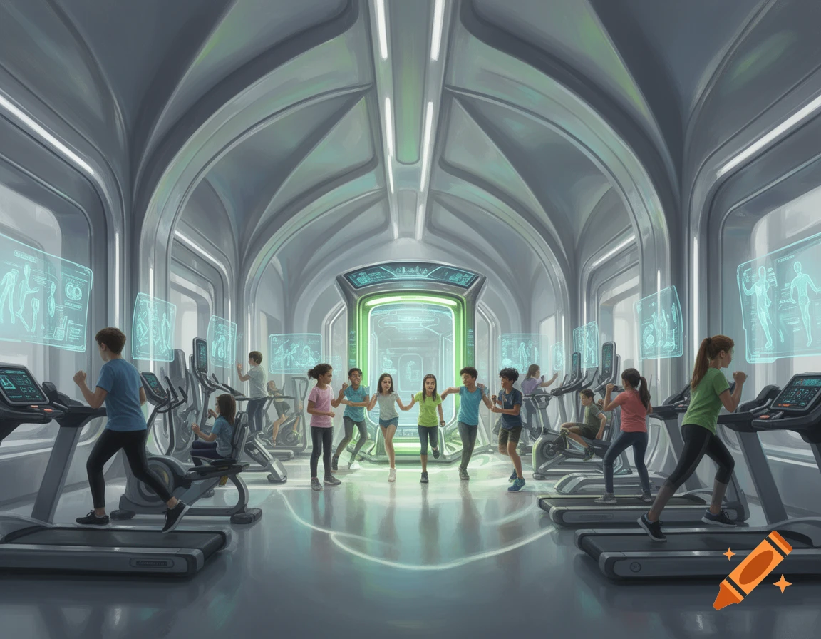Children exercise in a sleek, futuristic gym with treadmills, exercise ...
