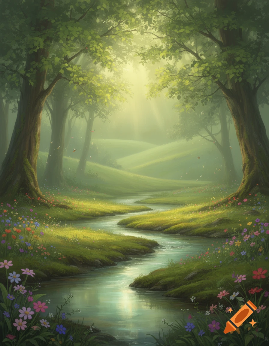 A vibrant, sunlit fantasy forest with a winding stream, lush green ...