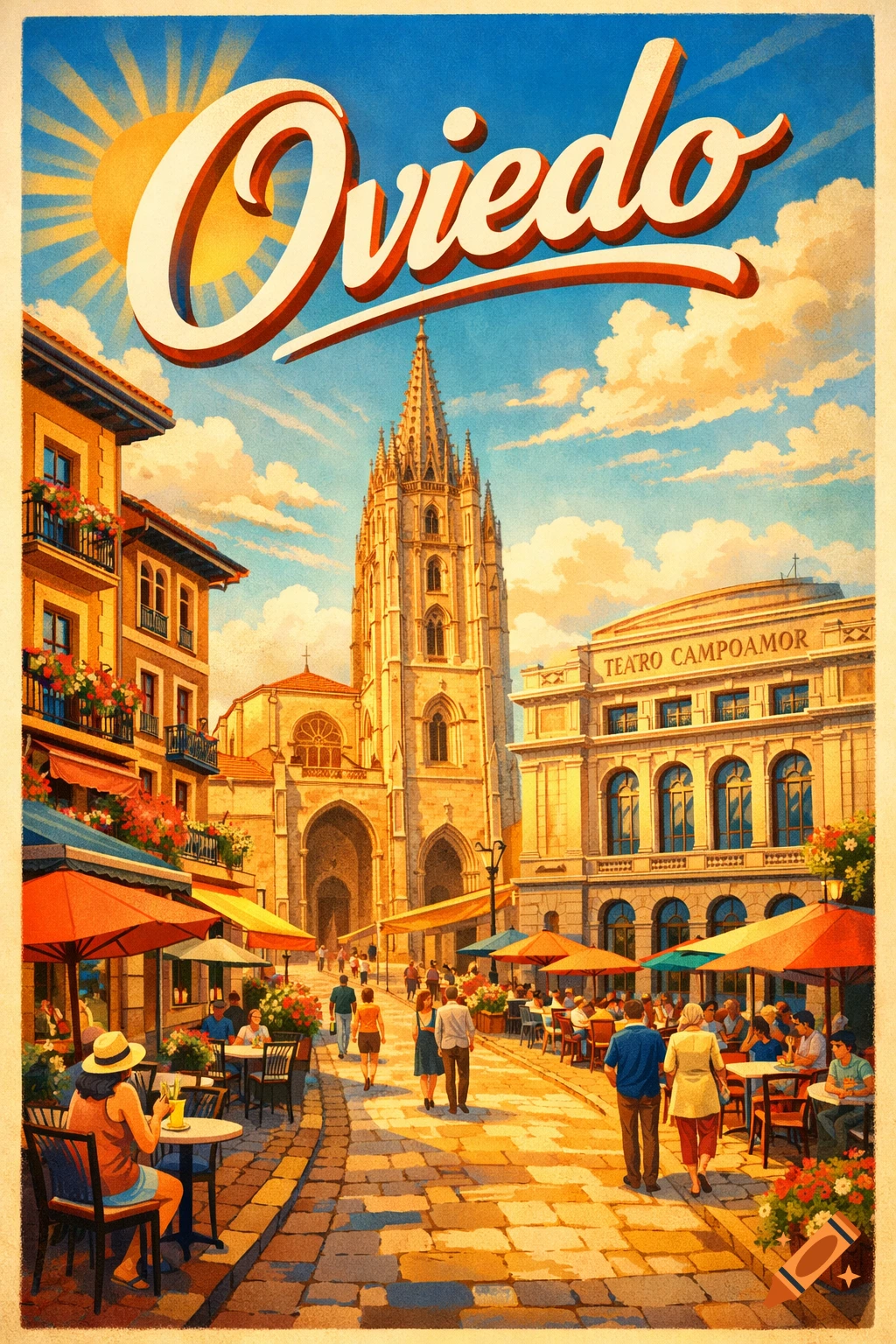 Vintage travel poster of Oviedo, Spain, featuring its Gothic cathedral, Teatro Campoamor, and a bustling street with outdoor cafes under a sunny sky.