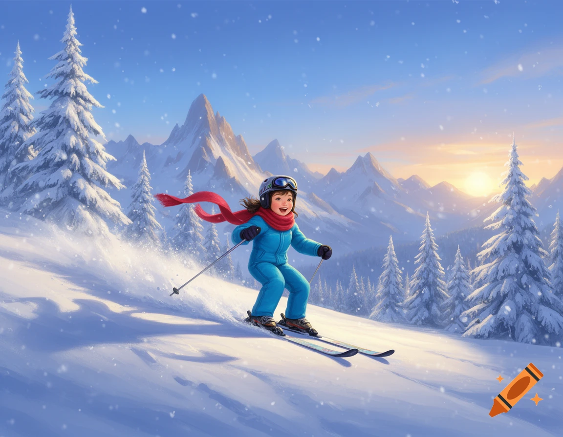A cartoon girl in a blue snowsuit and red scarf skis down a snowy mountain slope with pine trees and a sunset.