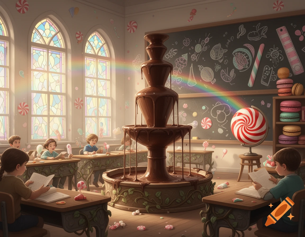 Children read in a whimsical fantasy classroom with a chocolate fountain, stained glass windows, and candy decorations.
