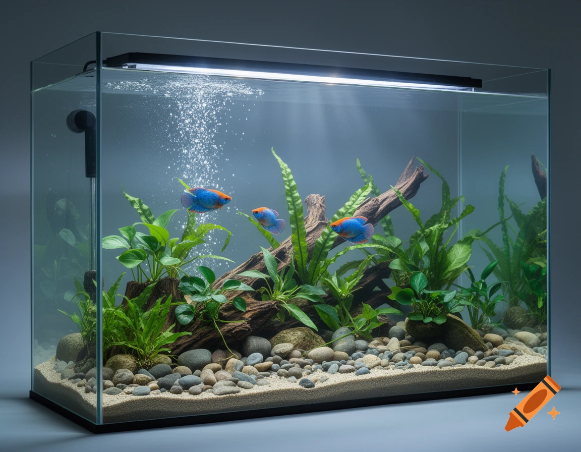 A detailed, photorealistic image of a freshwater aquarium with colorful fish, green plants, wood, and stones on a sandy bed.