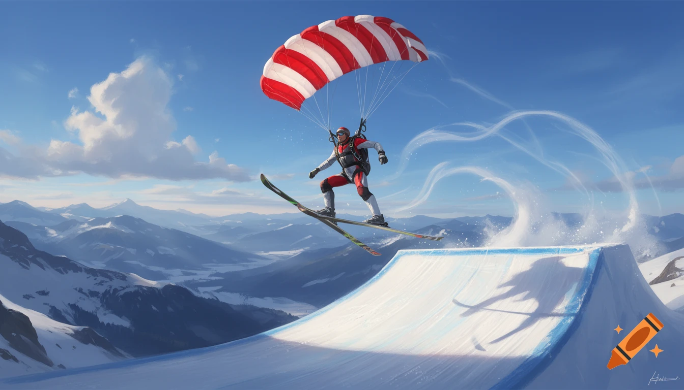A man in a red and white suit parasails with a striped canopy, skiing off a snow ramp in snowy mountains under a clear blue sky.
