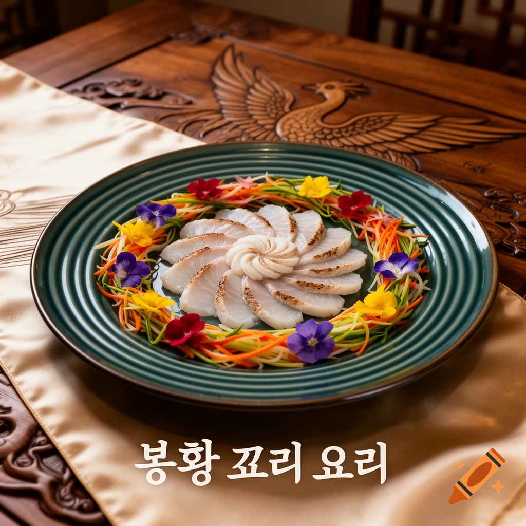 Photorealistic close-up of a decorative dish with sliced white fish, edible flowers, and julienned vegetables on a green plate, on a wooden table.