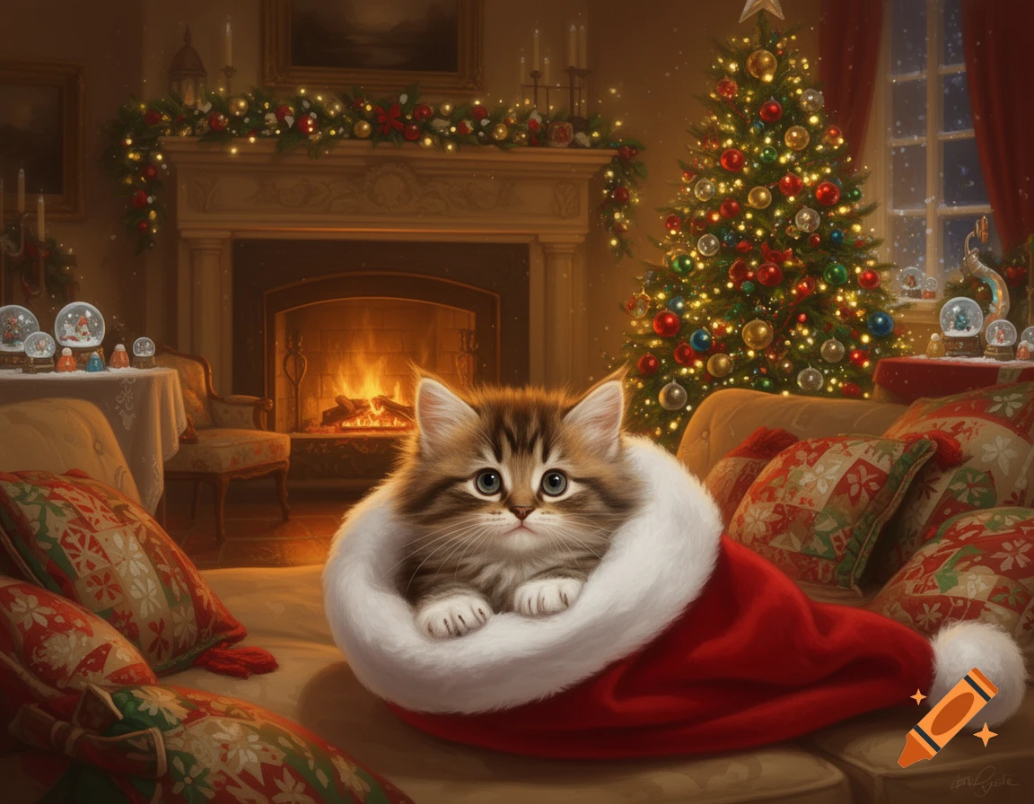 A cute fluffy kitten peeks out from a red Santa hat, sitting on a couch in a cozy Christmas living room with a lit fireplace and decorated tree.