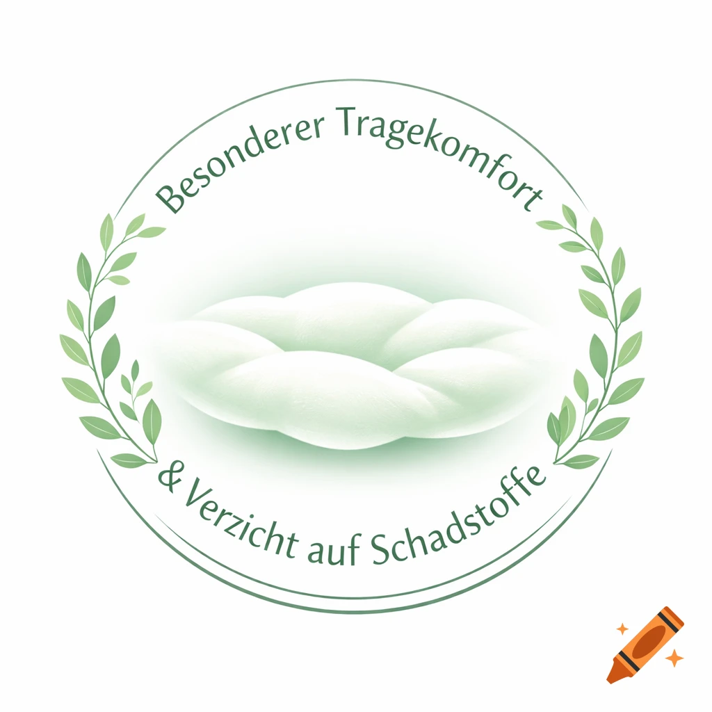 Round graphic with a green leaf wreath, a fluffy light green cloud shape, and the German text "Besonderer Tragekomfort & Verzicht auf Schadstoffe".