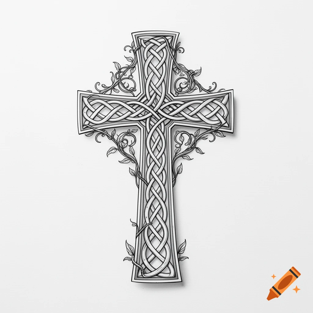 Black and white line art drawing of an ornate Celtic cross with intricate knot patterns and decorative vines.