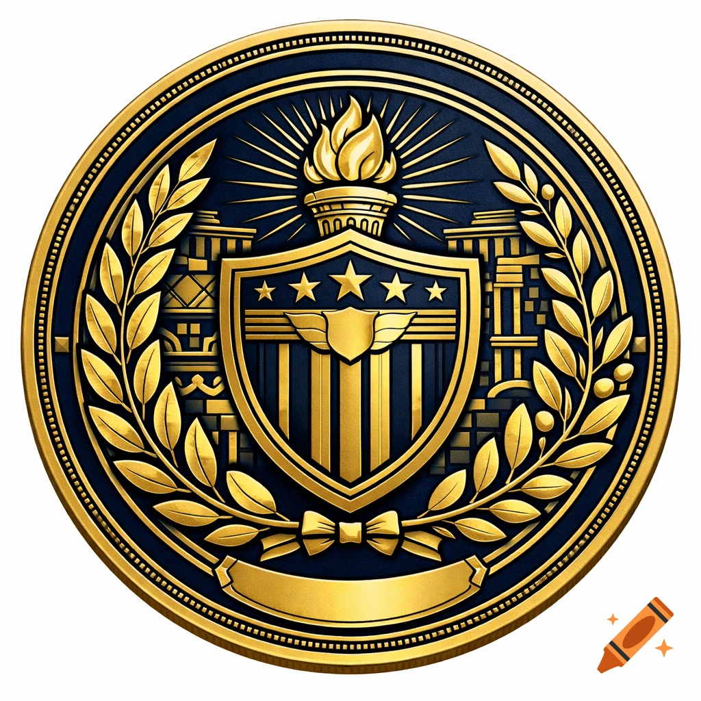 Formal gold and navy blue medallion with a central shield, torch, laurel wreath, and blank banner, in a classical Roman style.