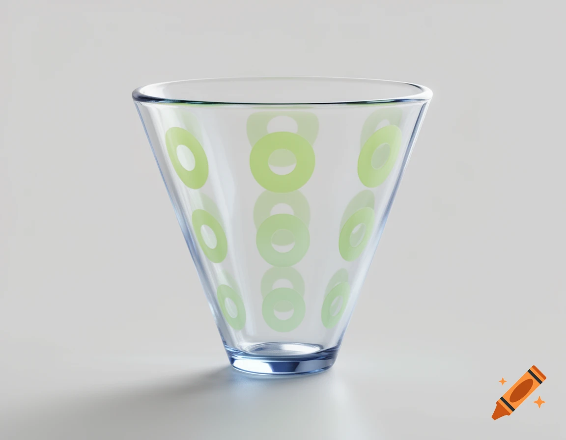 A clear, conical glass with a blue base and a pattern of lime green circles on its outer surface, set against a light grey background.