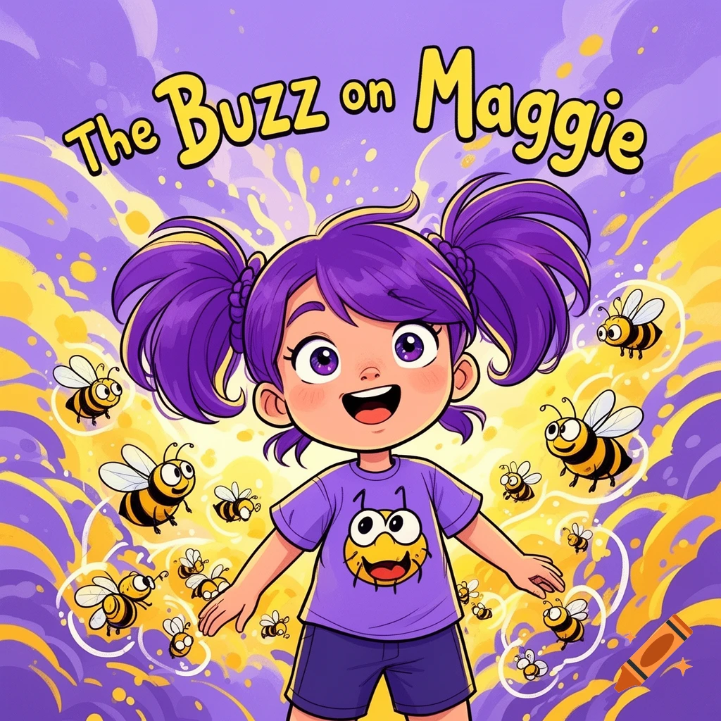 Happy cartoon girl with purple pigtails and a bee shirt, surrounded by flying bees on a purple and yellow background. Text: The Buzz on Maggie.
