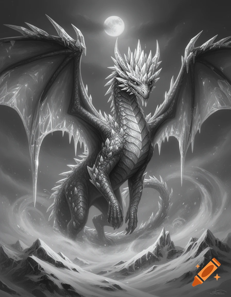 A majestic ice dragon with crystalline spikes and wings stands in a ...