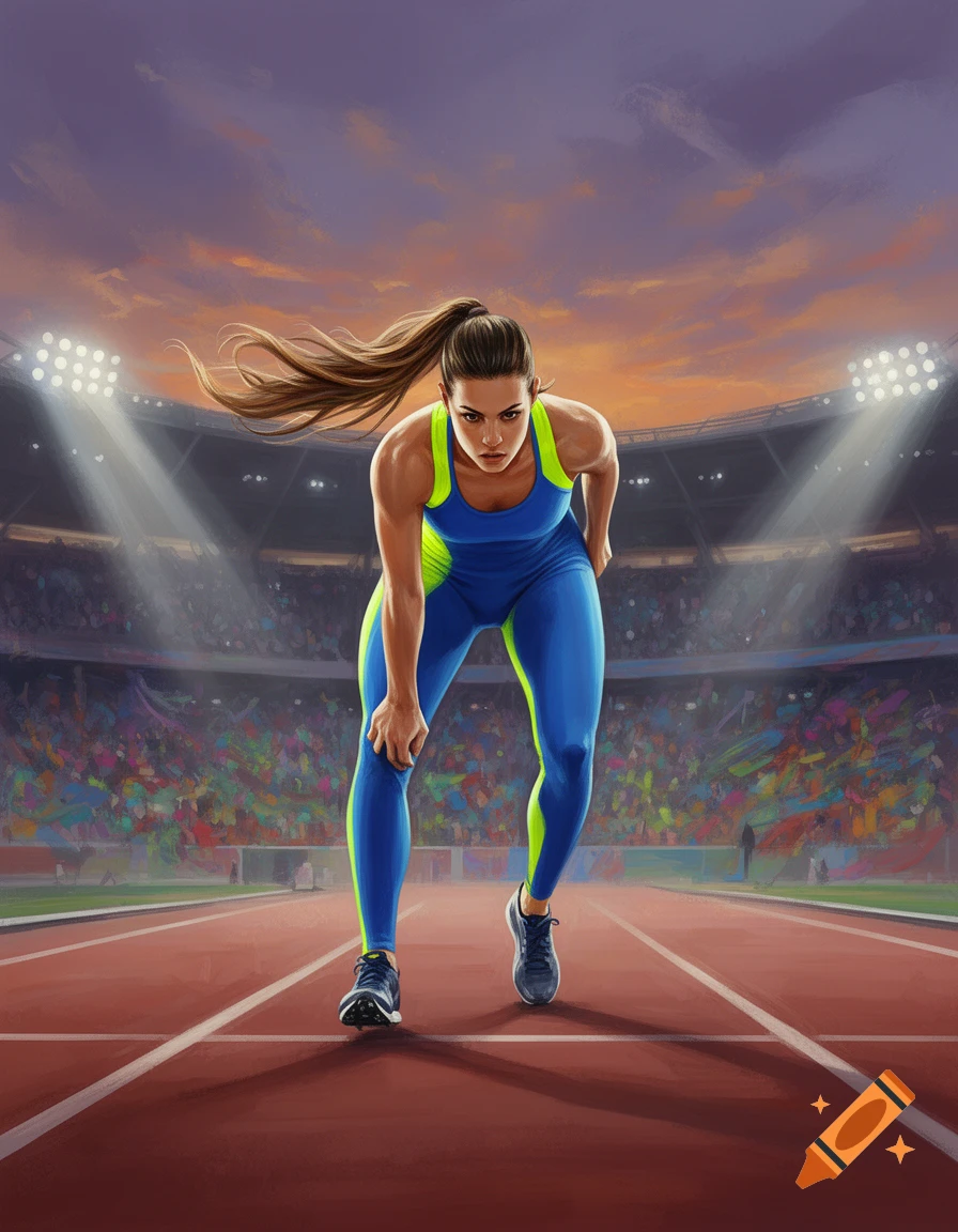 Female athlete in blue and green sportswear ready to run on a track, with a stadium and sunset sky in the background, digital painting.