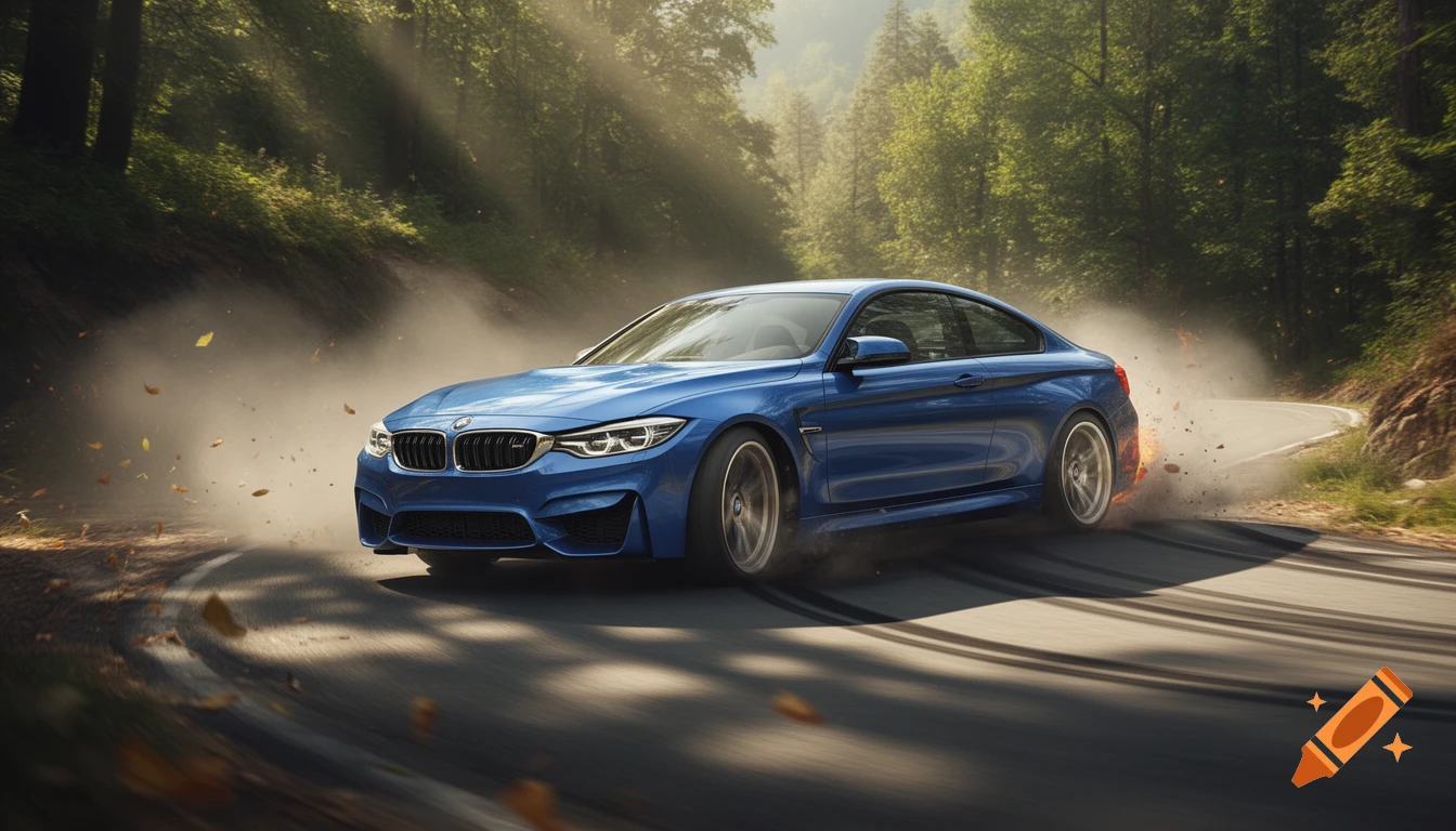 A photorealistic blue BMW sports car drifts around a curve on a winding forest road, kicking up dust and smoke.