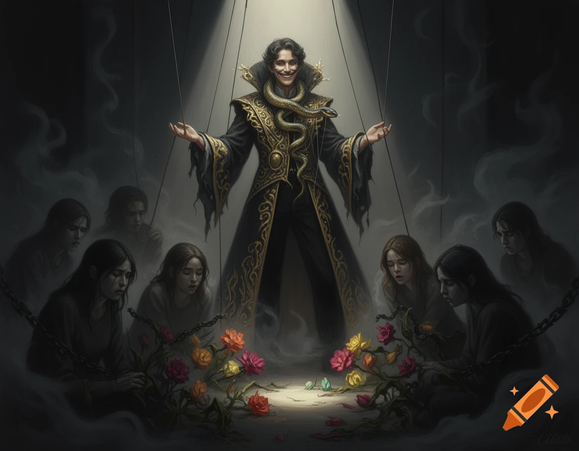 A sinister male puppeteer controls multiple somber female figures with strings in a dark, smoky, symbolic digital painting.