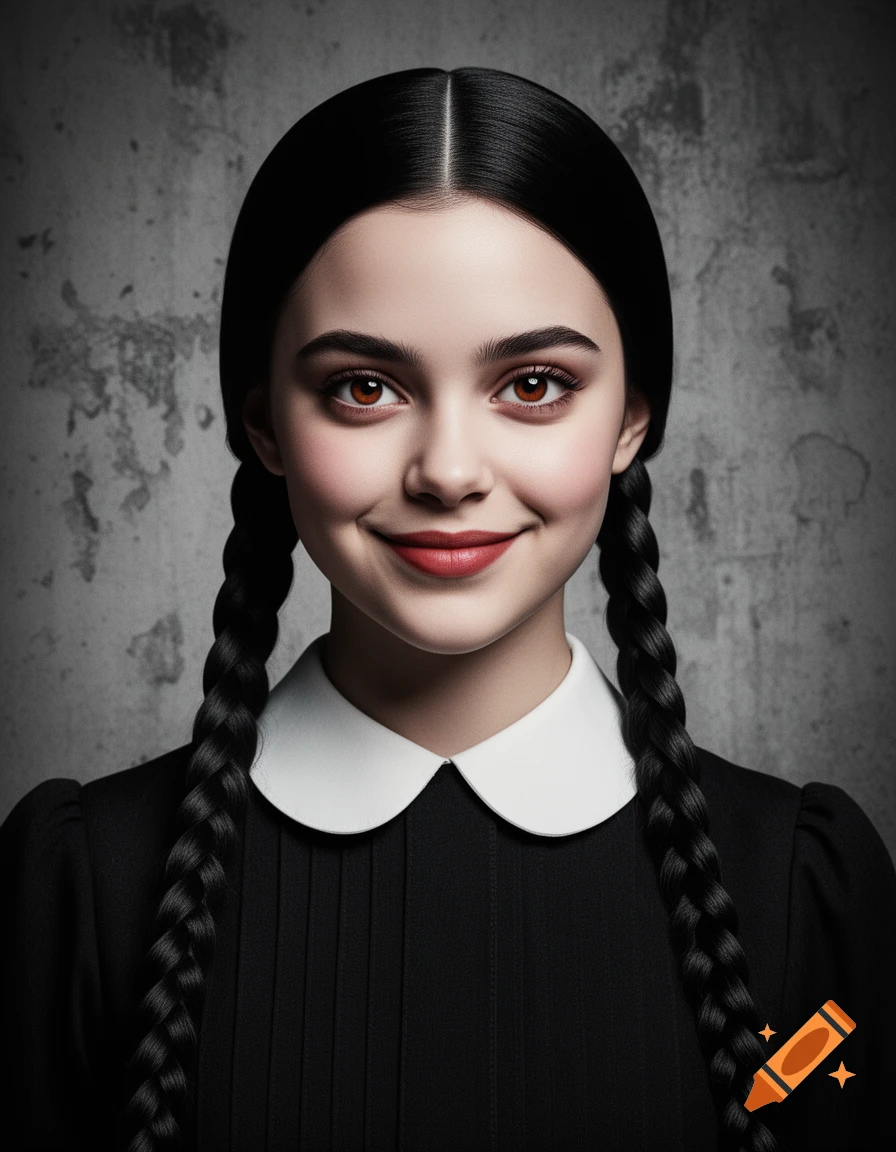 Hyperrealistic portrait of a young woman with black braided pigtails and a white collared dress, smiling slightly against a grunge background.