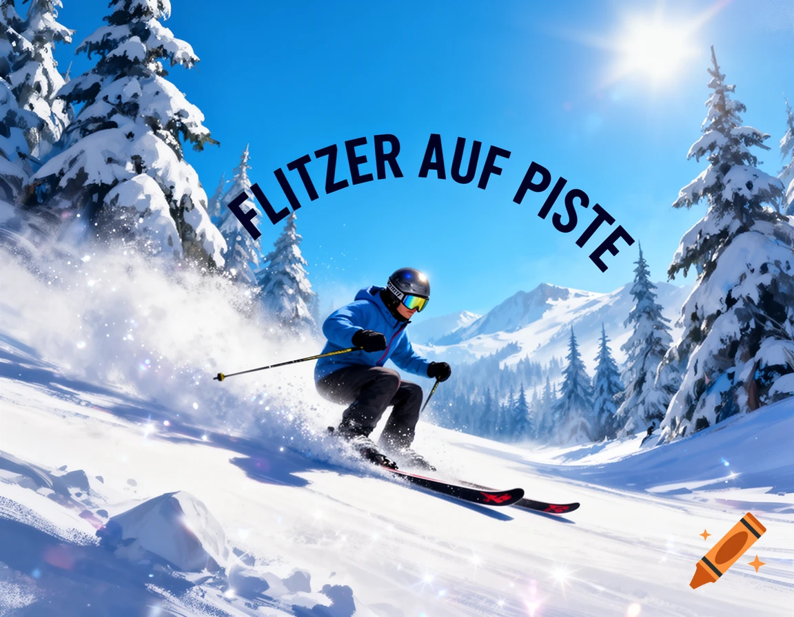 Skier in blue jacket and goggles descends a snowy mountain slope with pine trees and mountains under a clear blue sky. Text 'FLITZER AUF PISTE' in sky.
