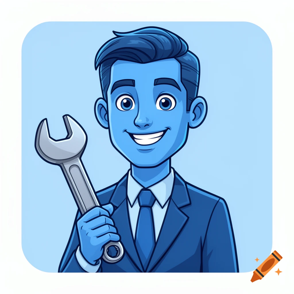 Cartoon avatar of a smiling man in a blue suit holding a large wrench on a light blue background.