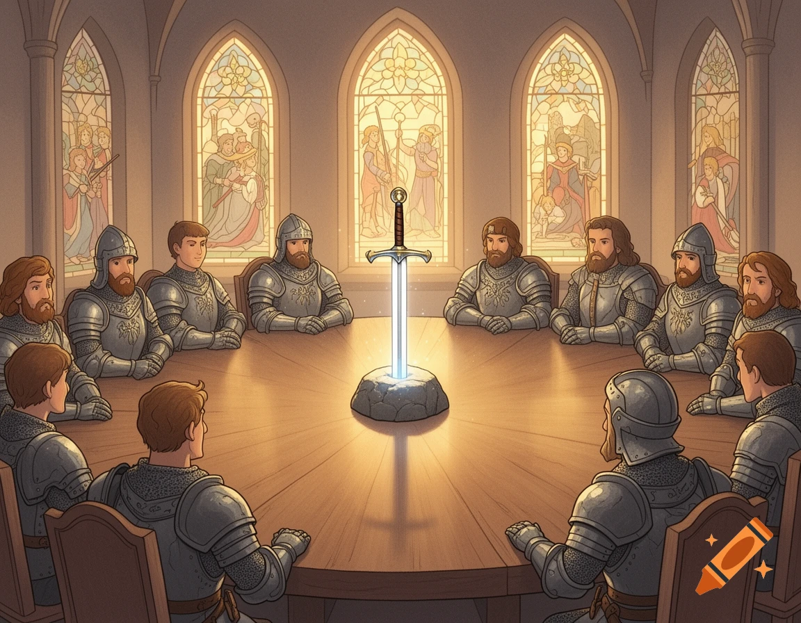 Illustrated scene of knights gathered around a round table with a ...