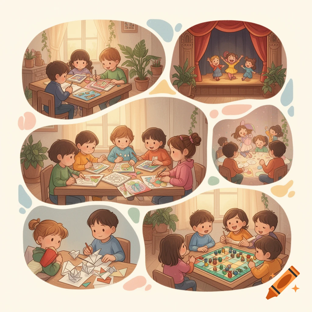 Soft illustration depicts children engaged in various activities: drawing, coloring, origami, board games, and a stage performance in a cozy room.