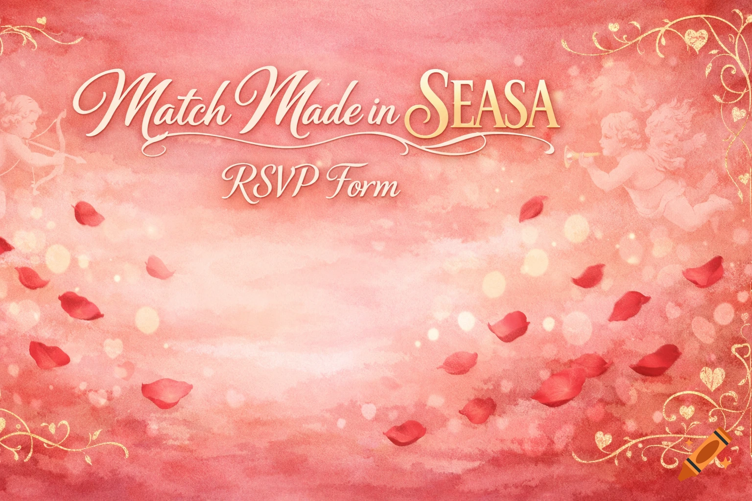 A pink watercolor background with "Match Made in SEASA RSVP Form" text, flanked by cupids, golden swirls, and falling red rose petals.