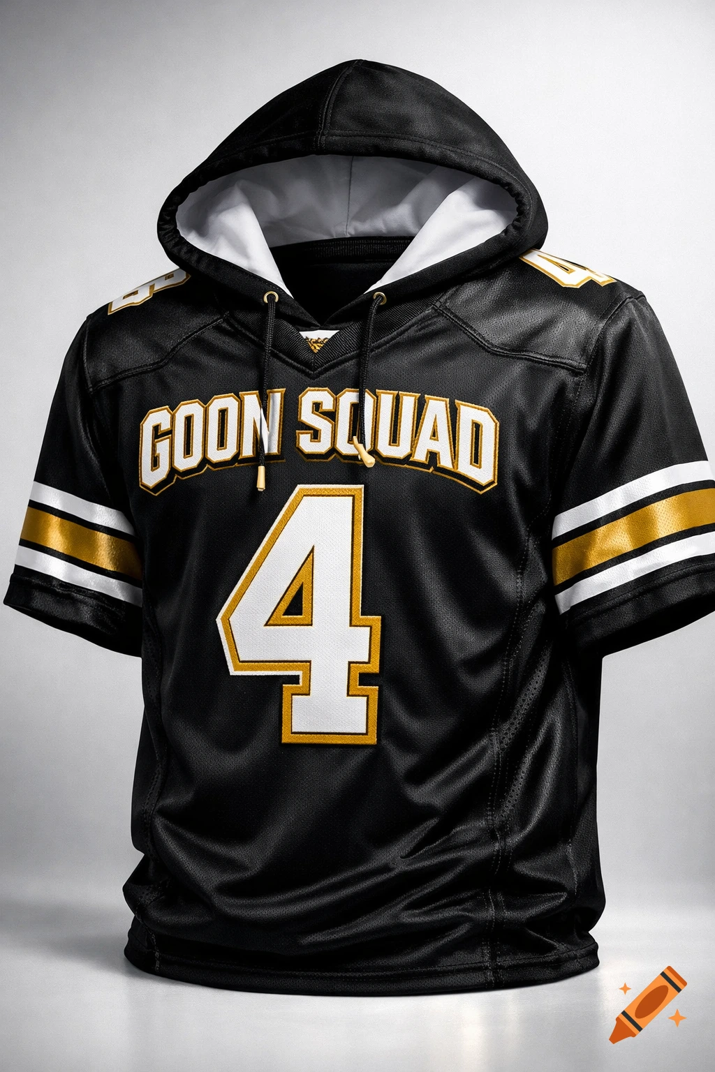 Black football jersey and hoodie with 'GOON SQUAD' and '4' in white and gold lettering.