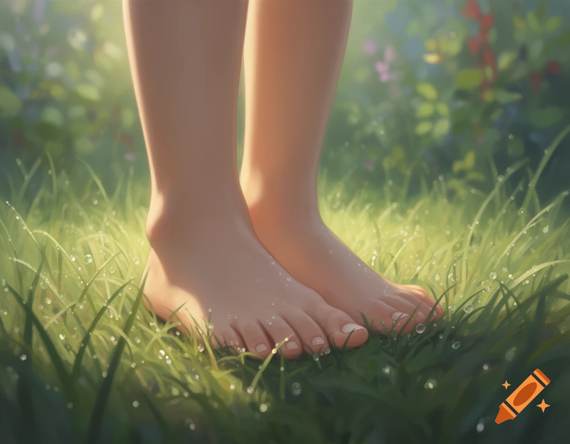 Bare feet stand in lush green grass covered in dew drops under soft sunlight.