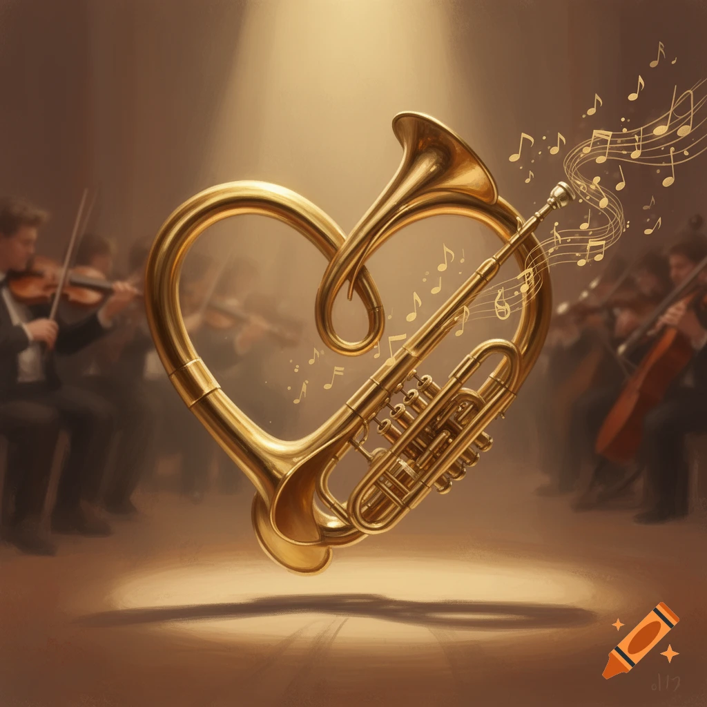 A golden brass instrument, resembling a French horn and euphonium, forms a heart shape, emanating musical notes. In the blurred background, an orchestra performs.