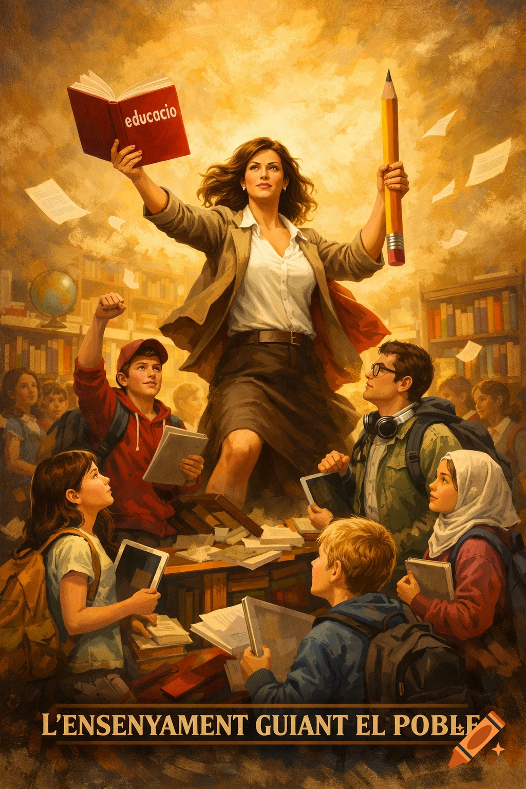 A dramatic painting depicts a teacher holding a book and a giant pencil, leading diverse students in a golden-hued library. Text at the bottom reads "L'ensenyament guiant el poble".