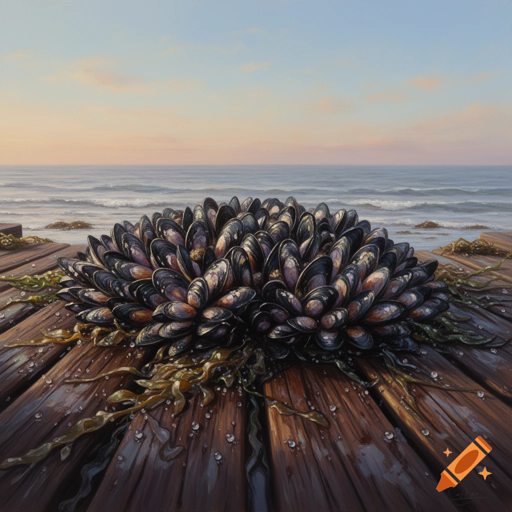 A large cluster of dark mussels and seaweed rests on a wet wooden pier, with the ocean and a pastel sunset sky behind it.