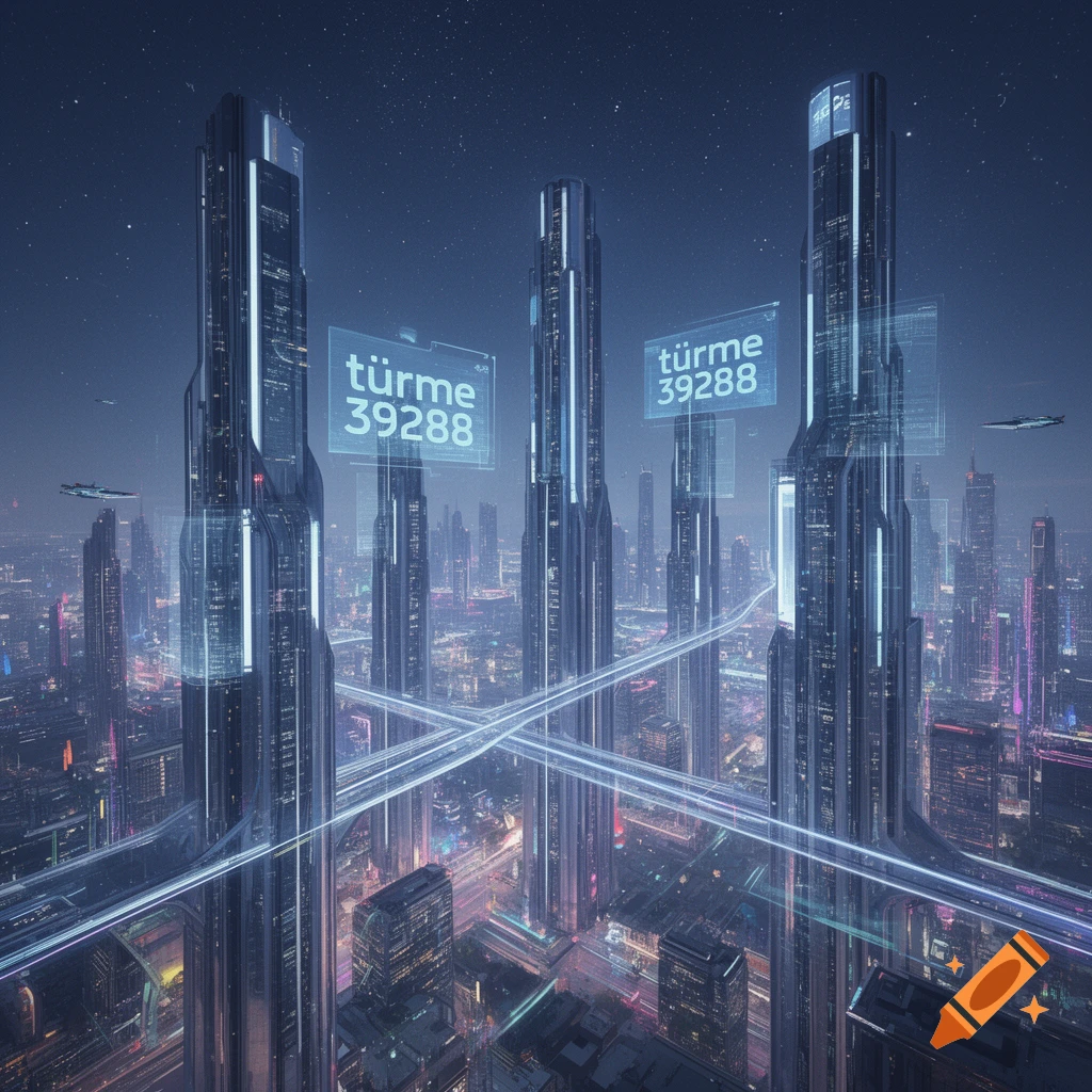 A futuristic cityscape at night with illuminated skyscrapers ...