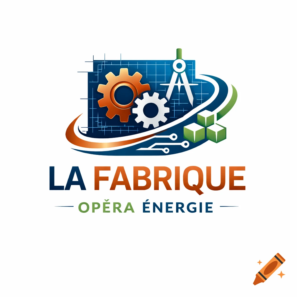 Logo for La Fabrique Op P a P ergie with gears, a compass, a blueprint grid, circuit lines, and green cubes.