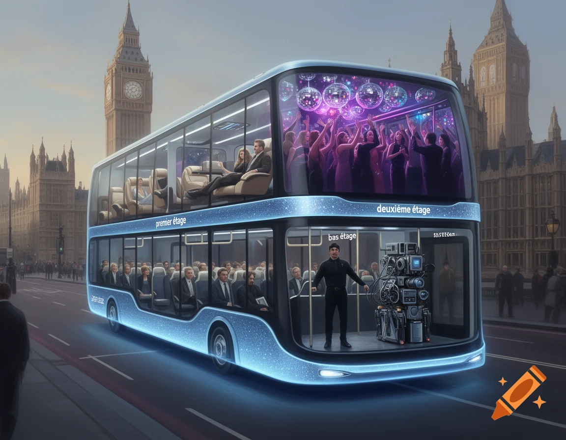 A futuristic glowing blue double-decker bus, half-floating in London with Big Ben in the background. The upper deck features a luxurious lounge and a nightclub, while the lower deck has standard seating and an AI control panel.