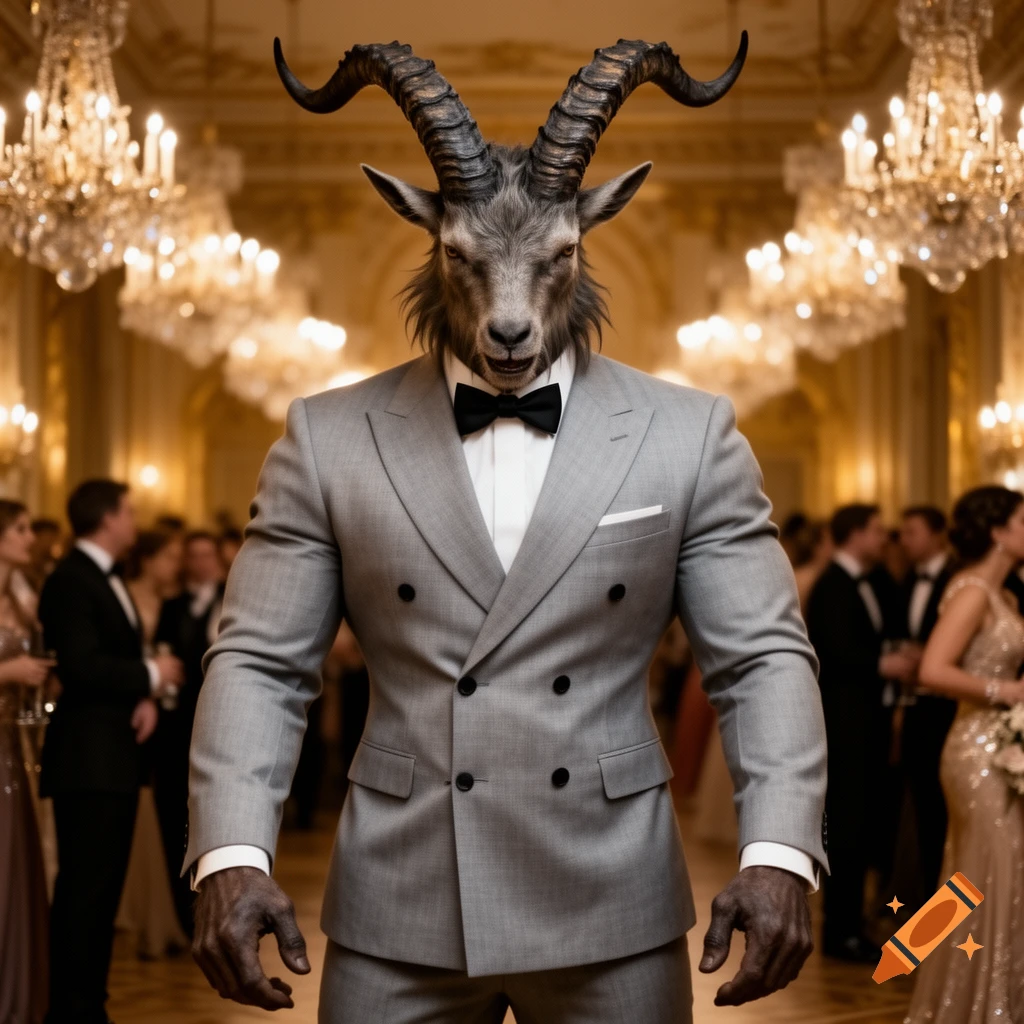 Photorealistic anthropomorphic goat-headed creature in a gray suit and bow tie standing in an elegant ballroom with chandeliers.
