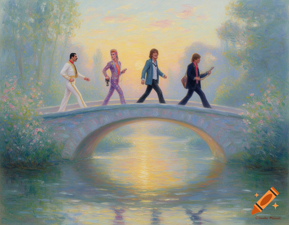 Freddie Mercury, David Bowie, Mick Jagger, and Paul McCartney walk single file across a stone bridge over reflective water, painted in an impressionistic Monet style at sunset.