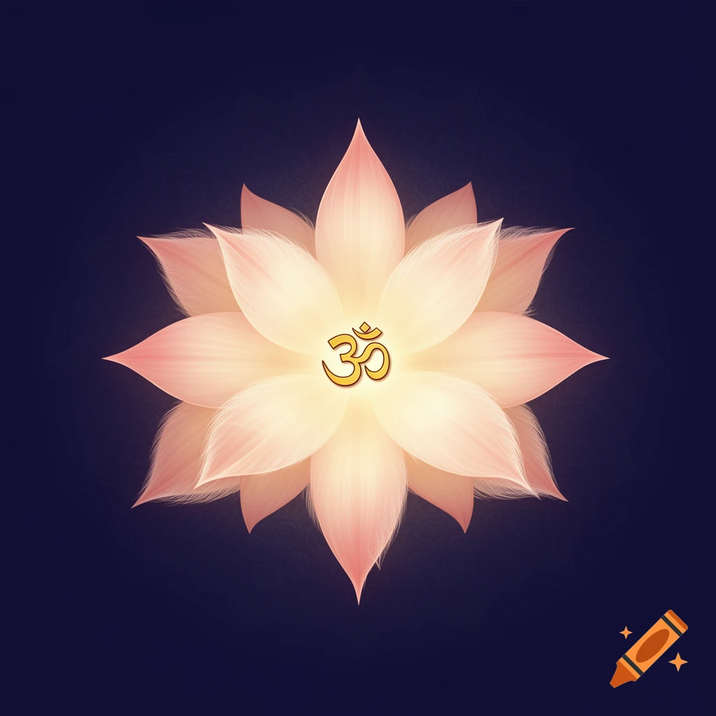 A glowing pink and ivory lotus flower with a golden Om symbol in the center, set against a deep indigo background.