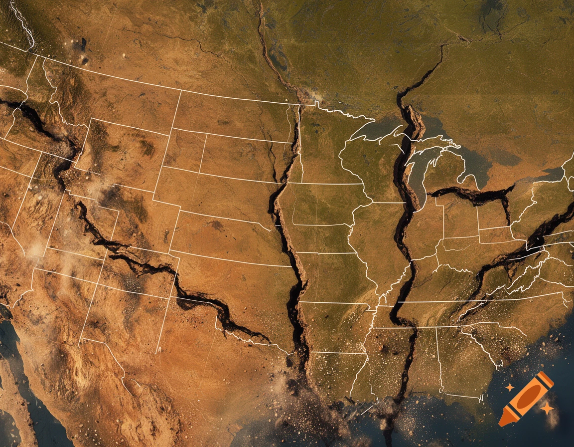 An aerial view of the United States map with deep, dark fissures cracking through the landscape, highlighting state boundaries.