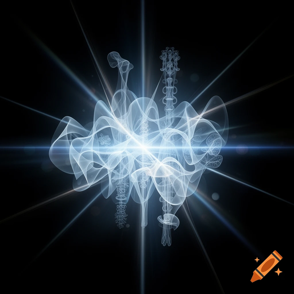 Abstract digital art of glowing white and blue ethereal, wavy skeletal forms with light rays against a dark background, resembling an X-ray.